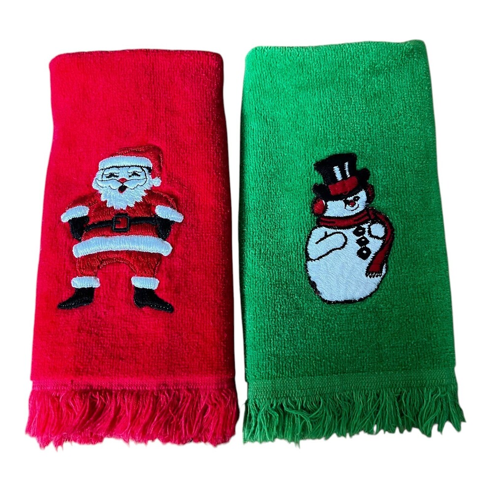 Lot Of 2 VTG Martex Xmas Santa Snowman Red Green Fingertip Hand Towels Bathroom